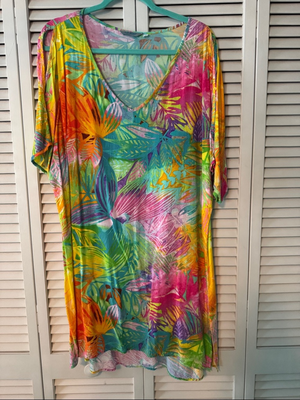 Jams World Turquoise Multicolor Tropical Print Dress with cold shoulder detail